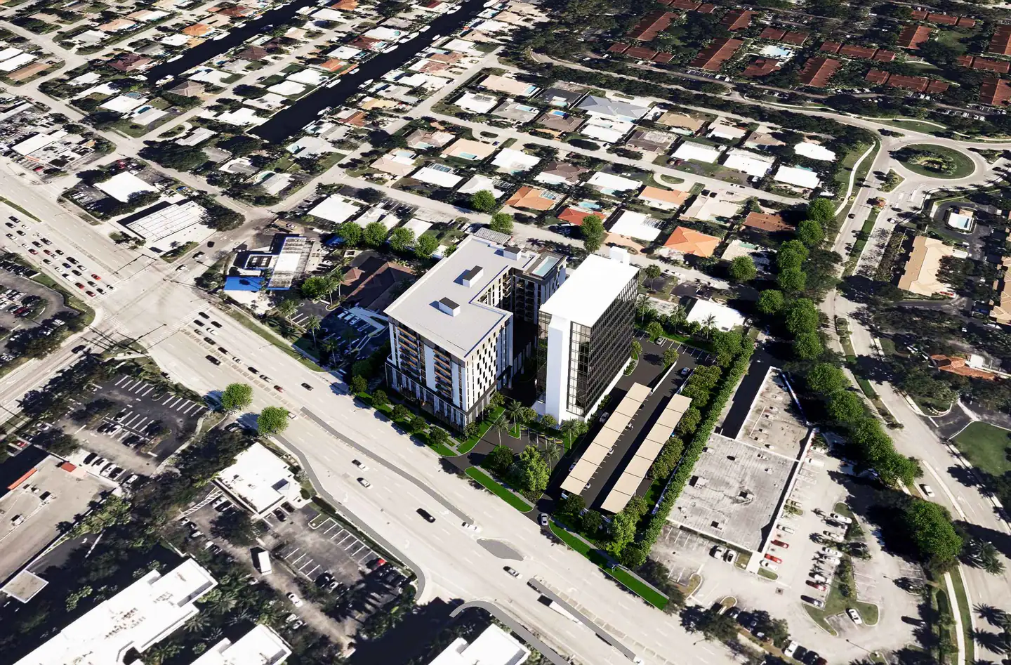 Architect’s rendering R-001, aerial overview: the proposed white residential block beside the existing glass office tower on South Federal Highway, with the parking structure behind and houses beyond.