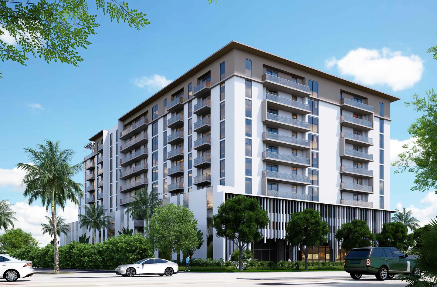 Architect’s rendering R-003: the proposed residential building from the street, a pale façade with balconies above a screened, planted ground floor.