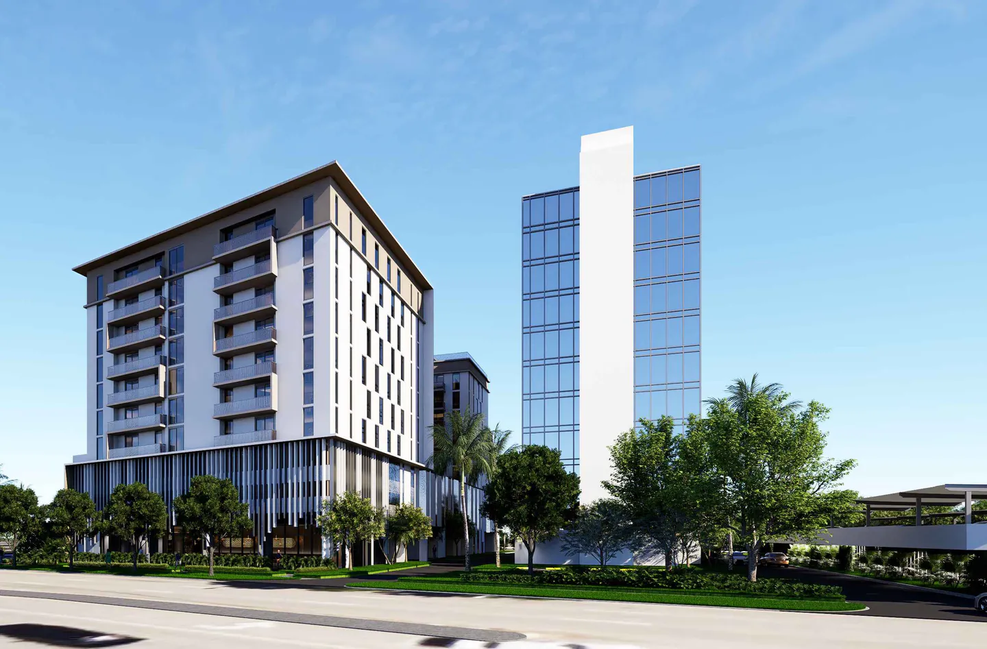 Architect’s rendering R-004: the proposed residential building and the existing glass office tower together along the street frontage.