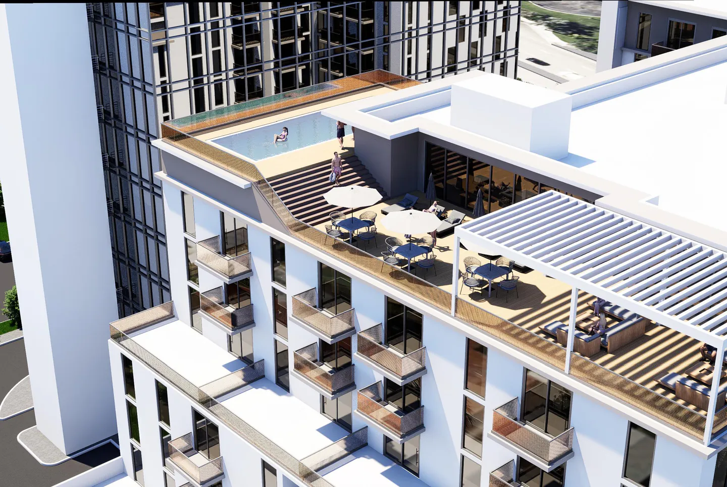 Architect’s rendering R-006: a proposed rooftop pool deck with seating and a pergola on the residential building, the office tower alongside.