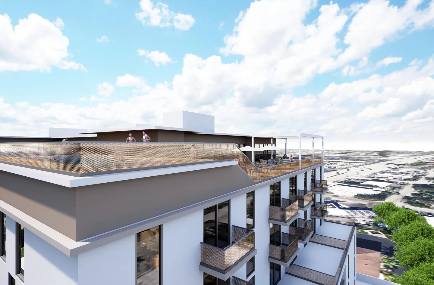 Architect’s rendering R-007: a proposed rooftop terrace at the edge of the residential building, with the city beyond.