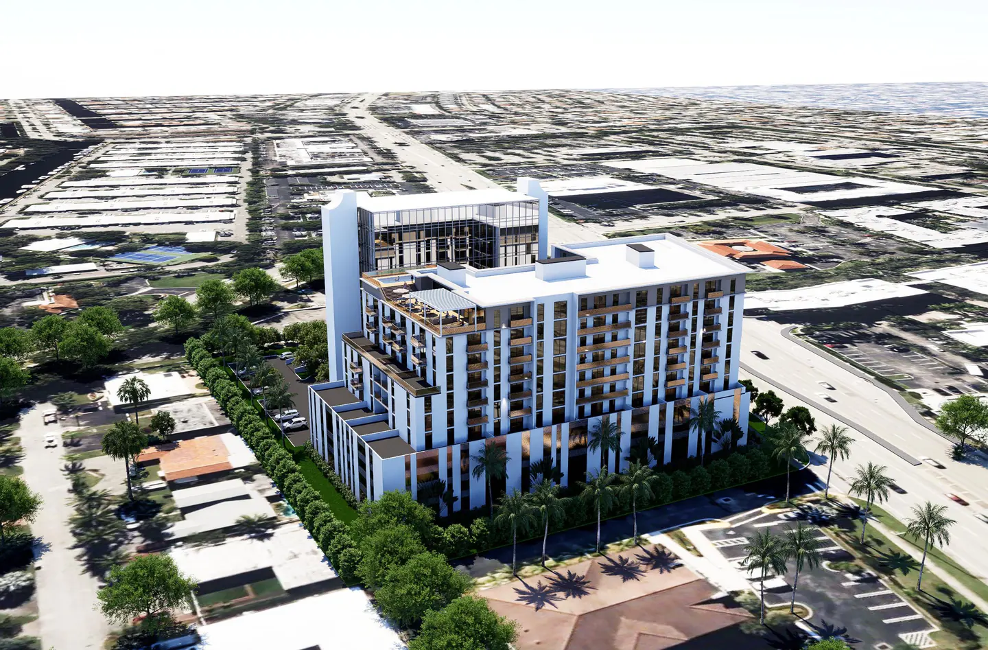 Architect’s rendering R-008: an aerial view of the proposed residential building stepping down in height towards the neighbouring streets.