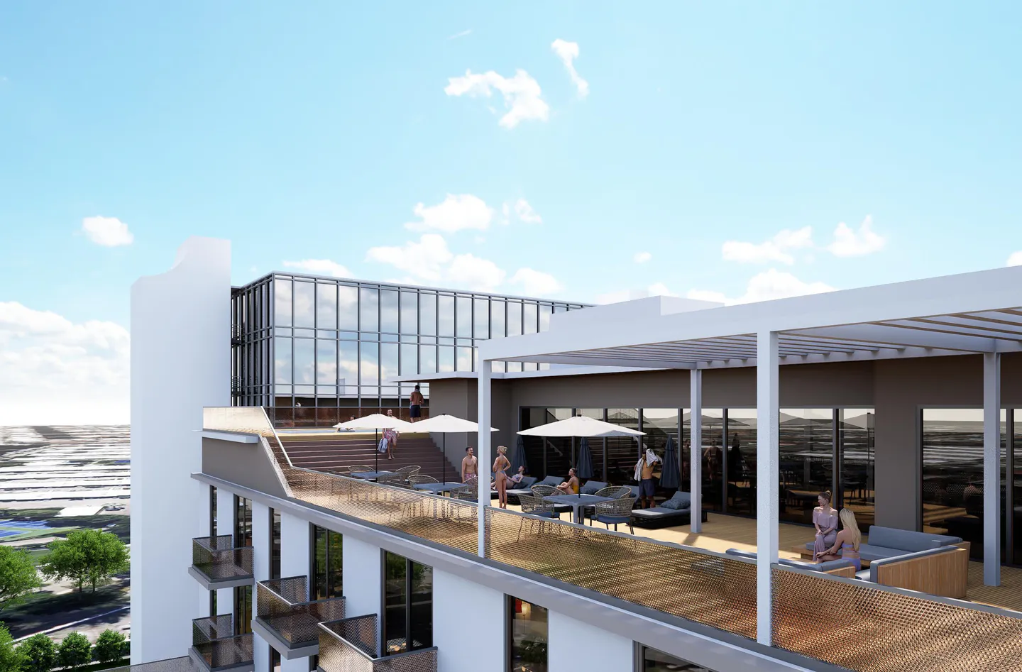 Architect’s rendering R-009: a proposed covered rooftop lounge and terrace on the residential building.