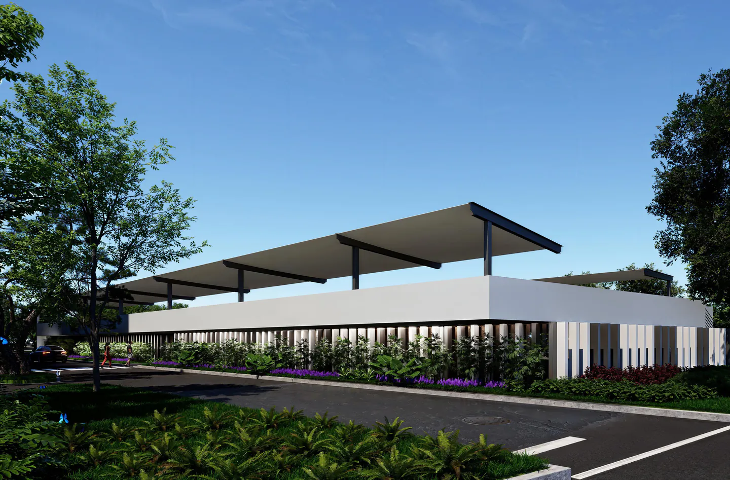 Architect’s rendering R-010: the proposed parking structure, screened with vertical fins and planting, under a canopy roof.