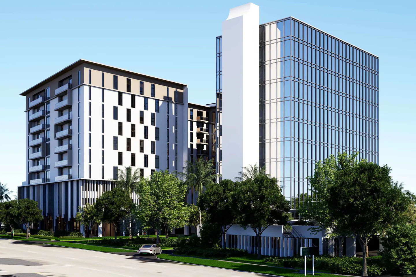 Architect’s rendering R-011: the existing glass office tower beside the proposed white residential building, seen from across the street.