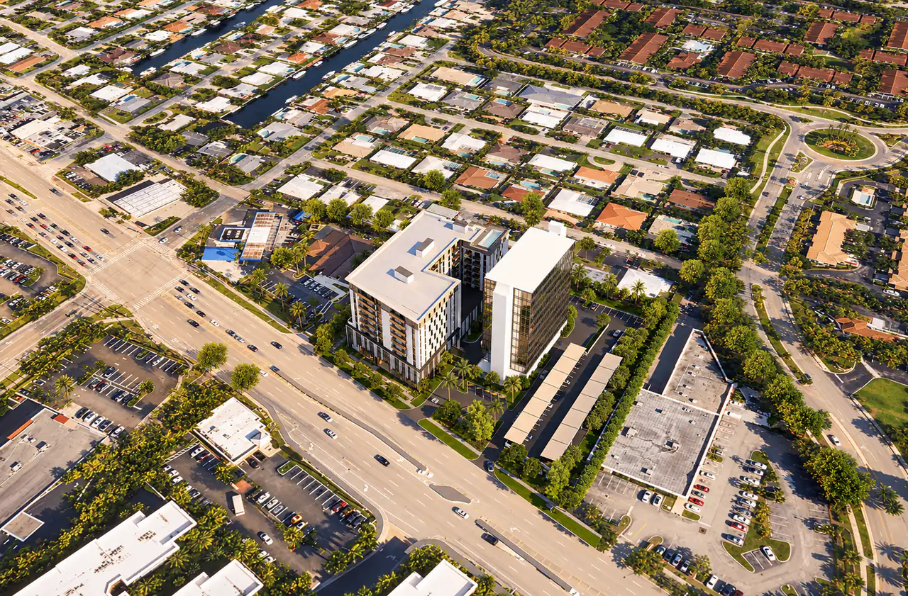 Conceptual visualisation based on R-001: the combined development seen from the air.