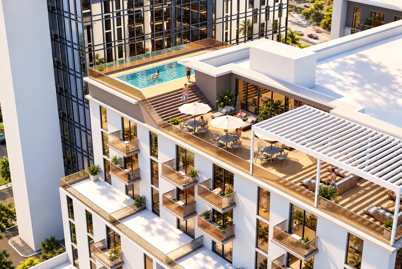 Conceptual visualisation based on R-006: the proposed rooftop amenities on the residential building.